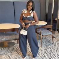 Elegant Women's Sets Striped Patchwork Straps Bow Crop Top and Wide Leg Pants 2026 New Party Vacation 2 Piece Matching Outfits