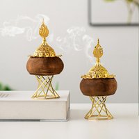 Retro Black Round Wood Octagonal Golden Metal Temple Table Decoration Aromatherapy Furnace Middle Eastern Arab Festival Incense Burner