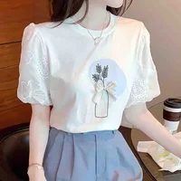 High Quality New Splicing Lace Short Sleeve Women's T-shirts Cotton Casual Summer White Women Tshirts Sweet Tops New 2025