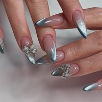 24pcs French Gradient Blue Y2k Press on Nails Cat Eye Fake Nail Tips Full Cover Wearable Korean Almond Shaped False Nails