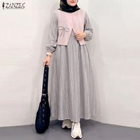 Modest Women's Maxi Dress O-Neck Long Sleeve Striped Contrast-Color Layered Abaya Robes ZANZEA Muslim Islamic Hijabis Clothing
