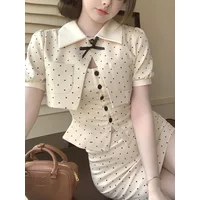 French Fashion Women's Waist Wrap Style Wave Dot Short Coat Autumn Retro Classic Bow Top Short Skirt Sweet Women Three Piece Set