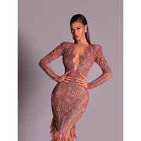 2026 Distinctive Rhinestone-Embellished With Feather Hem Evening Dress Glam Deep V Neck Sexy Glitter Formal Cocktail Gown