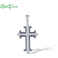 SANTUZZA Genuine 925 Sterling Silver Pendant For Women Sparkling White Blue Stone Cross Daily Delicate Gifts Trendy Fine Jewelry