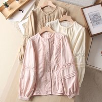 Women Sweet Spring Lace Patchwork Pleated Single Breasted Cotton Round Collar Long Sleeve Shirt Blouse
