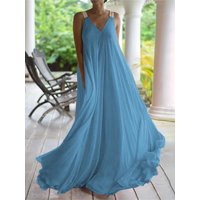 Fashion Spaghetti Strap Solid Boho Dress Summer Women's V Neck Sleeveless Loose Maxi Long Dresses New 2024 For Women Robe Femme