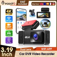 Podofo 3.19'' 4K HD Cycle Recording Video 170° Lens Angle Dash Cam Car DVR Camera Night Vision Parking Monitoring Video Loop Recording Recorder Rear View Dual Lens With 64GB Card