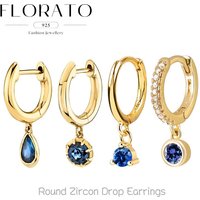 FLORATO 925 Silver Needle Round Zircon Pendant Hoop Earrings For Women Vintage Natural Blue Crystal Fashion Wedding Jewelry Gift