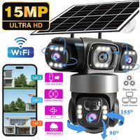 Kamera bezpieczeństwa solarna WiFi HD 15MP z 3 obiektywami, 3 ekranami, V380 Pro, 10-krotnym zoomem, noktowizją, wodoodporna, zewnętrzna, z detekcją ludzi PIR, CCTV, obrót poziomy i pionowy 355