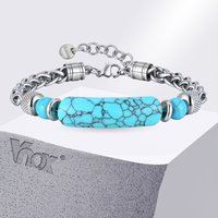 Vnox Stainless Steel Natural Turquoise Bead Bracelet for Men, 19+3cm Adjustable Chain Wristband, Fashion Jewelry Gift for Him