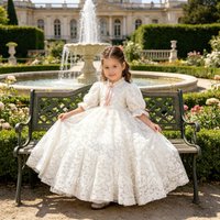 Customized Ivory Flower Girl Dress For Wedding Balloon Sleeves Puffy Milk Lace With Bow Kids Birthday First Communion Gown