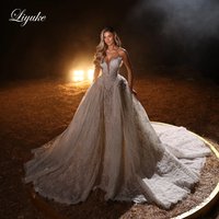 Liyuke Custom Made Allover Lace Puffy A-Line Ball Gown Wedding Dress Off The Shoulder Sleeveless Beaded Pearls Bridal Gowns