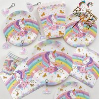 Disposable Unicorn Birthday Party Tableware Cup Plate Tablecloth Napkin Tableware Kit Unicorn Party Supplies Balloon Cake Stand