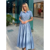 HH Women Elegant Pleated Blue Dress Classic Lapel Short Sleeve Pockets Belt Waist Dress Spring Daily Outing Streetwear Vestidos