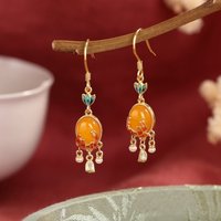 Classic tassel pearl Ruyi yellow beeswax earrings for women enamel red lotus flower earring elegant light luxury wedding jewelry