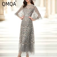 QMQA Fashion Women's Banquet Dress Light Luxury Embroidery Round Neck Flying Sleeve High Waist Elegant Dress 2025 Female QM145
