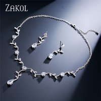 ZAKOL Classic White Rose Gold Color Cubic Zirconia Bridal Jewelry Sets Leaf Shape Choker Earrings Wedding Dress for Women