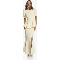2026 New Women's Two Piece Evening Set, Round Neck Puff Sleeve Peplum Top & High Slit Mermaid Floor Length Skirt