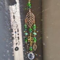 Green Crystal Suncatcher Hanging Ornament, Gold Leaf Window Decor with Rainbow Prism Ball for Home Room