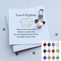 Cream Travel Eephant Keychain, Personalised Birthstone Elephant Bag Charm, Birthday Gift Idea For a Friend, Good Luck Charm