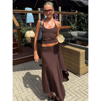 Hugcitar Fashion 2 Pcs Sets Halter Solid Backless Lace Up Sexy Crop Tank Top Ruched Maxi Skirt Women Outfit Beach Vacation Sport
