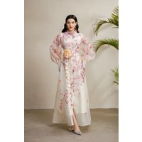 Summer Holiday Gorgeous Flower Long Dress Autumn Women Lapel Puff Sleeve Floral Print Applique Belt Organza Maxi Shirt Dress