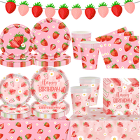 Sweet Strawberry Party Supplies Set Happy Birthday Pink Paper Plates Cups Napkins Sweet Baby Shower Birthday Summer Fruit Decor