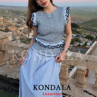 KONDALA Casual Women Embroidery Suit Blue O-Neck Ruffles Blouse Vest Draped Loose Skirt Fashion 2026 Holiday Boho Summer Sets