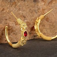 Huitan Luxury Women Gold Color Hoop Earrings Flower Aesthetic Design Elegant Wedding Engagement Accessories Jewelry with Red CZ