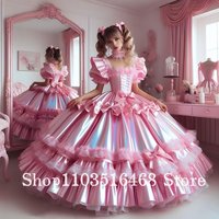 Custom Pink Victorian Ball Gown Lace Trimmed Corset Bodice Bow Dorned Puffed Skirt Vintage Renaissance Inspired Evening Dresses