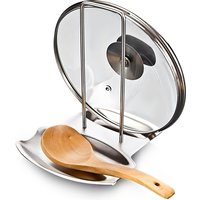 Stainless Steel Pot Lid Holder with Drain Tray, No-Drill Spoon Rest for Kitchen Counter Organization