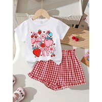Girls' Summer Casual Shorts Set: Cute and Sweet Strawberry Bow Print T-Shirt Paired with Red Plaid Shorts Two-Piece Set, Red and White Combination, Suitable for Girls Aged 4-12, Versatile Clothing for