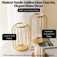 Retro Iron Art Vase Nordic Wrought Iron Glass Vase Black Gold Colors Hydroponic Flower Vase Geometric Line Frame Home Decoration