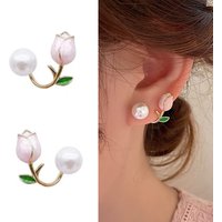French Light Luxury Pink Tulip Flower Pearl Stud Earrings For Women Korean Zircon Exquisite Earring Party Christmas Jewelry Gift