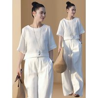 Elegant Fashionable Linen Wide Leg Pants Set Women's Summer New Design Unique Two Piece Suit Casual Commute Style round Neck