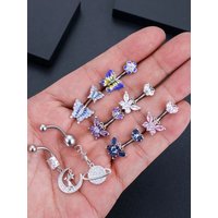 Pink Color Crystals CZs Belly Button Ring Heart Butterfly Flower Tassel Dangled Belly Piercing Nombril Body Navel Rings 14G Gift