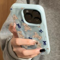 Adorable Cute Bear Pattern Folds Texture Phone Case For iPhone 17 16 15 Pro Max 14 Plus 13 12 11 16E 17 Air With Blue Bows Cover