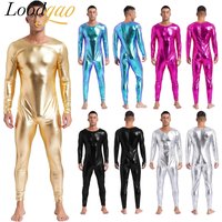 Mens Stage Costumes Dancewear Metallic Full Body Bodysuit Gymnastics Jumpsuit Long Sleeve Jazz Dance Disco Bar Shiny Unitard