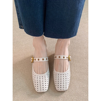 Women's Woven Hollow-Out Mary Jane Closed-Toe Mules, Block Heel Breathable Slip-On Wide Feet Friendly Hidden Wedge Sandals