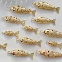 1 Piece Copper Golden Fish Shaped Pendants Pave Red Zircon Ocean Jewelry Charms For Diy Necklace Making Findings