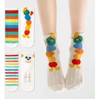 4 Pairs Girls Socks Cute Cartoon Caterpillar Pattern Comfortable Breathable Striped Socks For Boy Kids