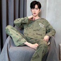 Pajamas Men's Spring and Autumn Plaid Solid Color Variety of Large Size Youth Homewear Suit Long-Sleeved Sleepwear Loungewear