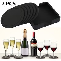 Ensemble de dessous de verre à boire en Silicone antidérapant, 7 pièces, support de tasse, tapis rond noir en Silicone, décoration de Table pour la maison et le bureau