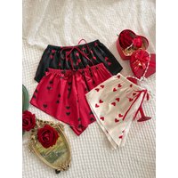 Cute Stylish 3 Piece Women's Pajama Set Heart Printed Design Loose Fit Shorts with Elastic Waist Comfortable Home Loungewear