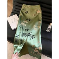 Summer New Elegant High Waist Long Skirts Y2k Aesthetic Chinese Print Temperament Long Jupe Harajuku Split Design Women Skirt