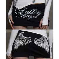Women's Casual Punk Skirt Black Embellished & Wing Print Low Rise Slim Fit Bodycon Mini Skirt 2026 Women's Clothing Skirts
