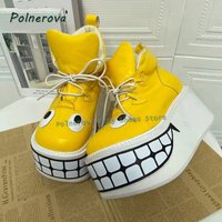 Cartoon Smiley Face Pattern Boots Round Toe Thick Sole Mixed Color Lace Up Y2K Cosplay Mid-Calf Boots 2026 Summer Street Style
