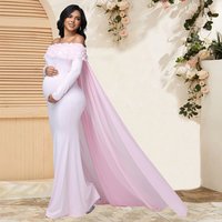 Maternity Women's Appliques Off Shoulder Long Sleeves Photography Dress Mesh Cloak Maxi Gown for Photoshoot Baby Shower