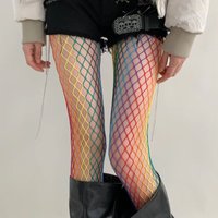 Women's Summer Thin Y2K Subculture Spicy Girls Pantyhose Sweet Cool Dopamine Rainbow Color Mesh Tights JK Goth Fishnet Stockings
