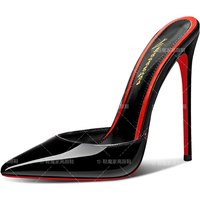 12cm sexy black pointed red soled high-heeled shoes for women, 2025 new model, slim heel,half toe,half slippers for outdoor wear